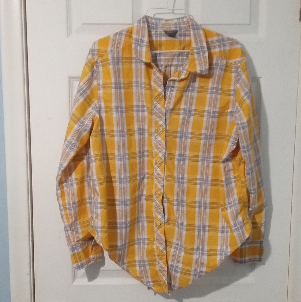 Eddie Bauer Yellow and Gray Women's Plaid Shirt
